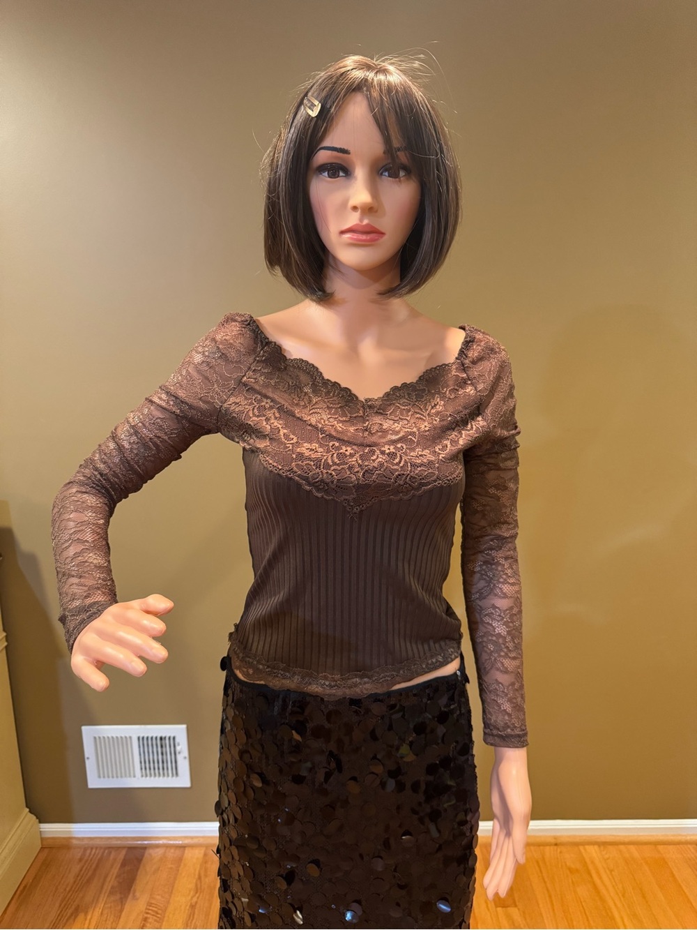 SHEIN Brown Lace Long Sleeve Ribbed Top